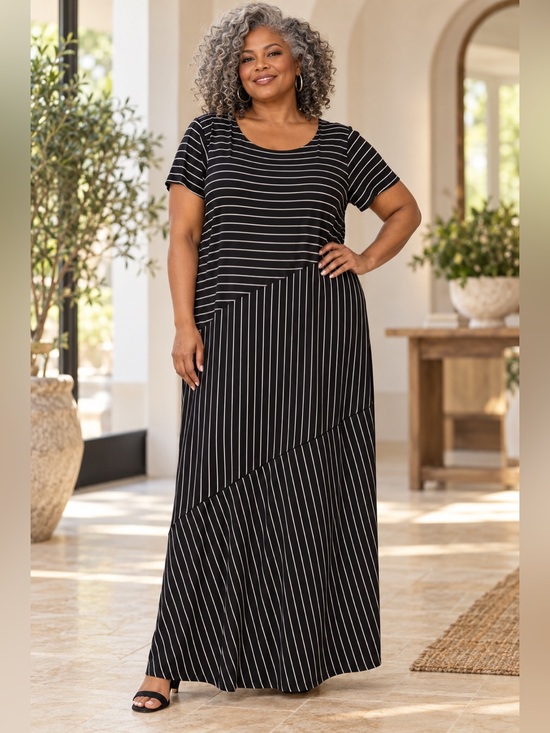 Nina Leonard Dresses & Skirts - Nina Leonard 2X Black Ivory Pinstripe Maxi Dress Stretch Short Sleeve